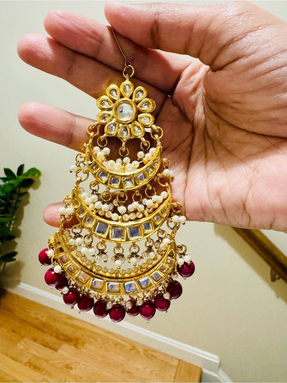 Gold-Tone Kundan with White Pearls and Maroon Beads Jhapta